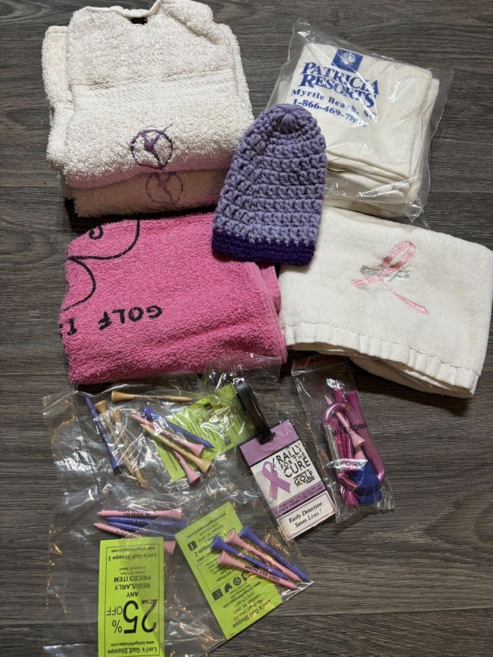 Golf Themed Lot Breast Cancer Awareness Tees Towels Bag Tag Accessories